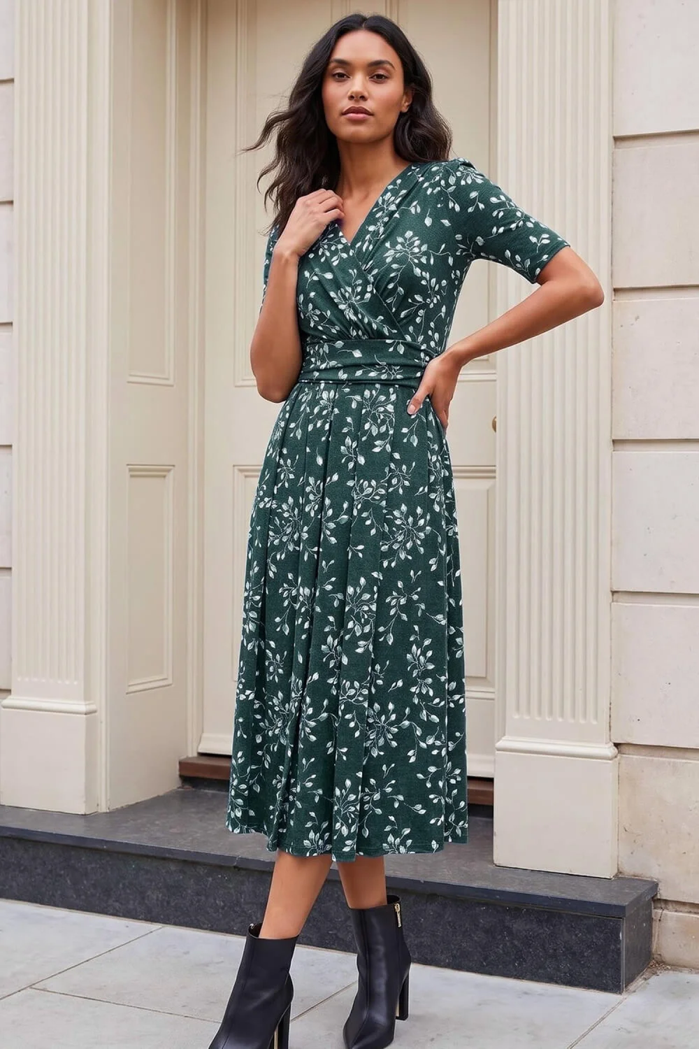 Roman Teal Leaf Wrap Bodice Dress - 14 Image 2