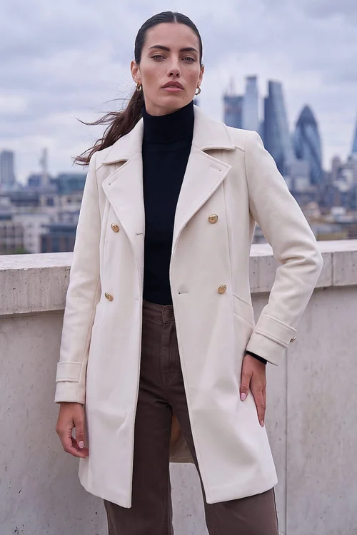 Roman Cream Smart Double Breasted Coat - 10 Image 1