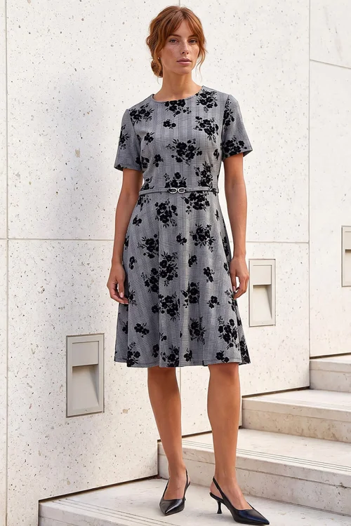 Roman Black Check Floral Flock Dress - 10 Image 2