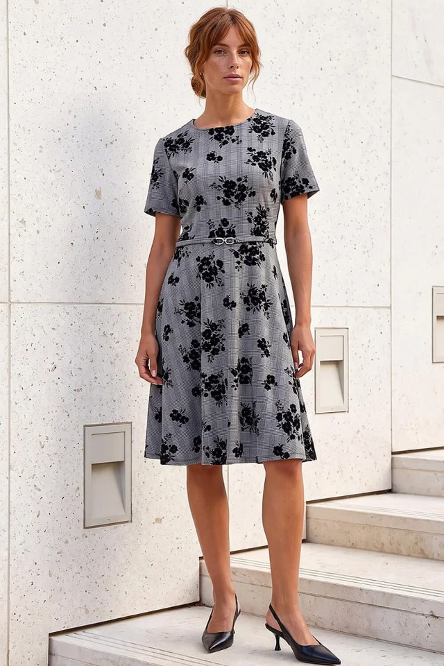 Roman Black Check Floral Flock Dress
