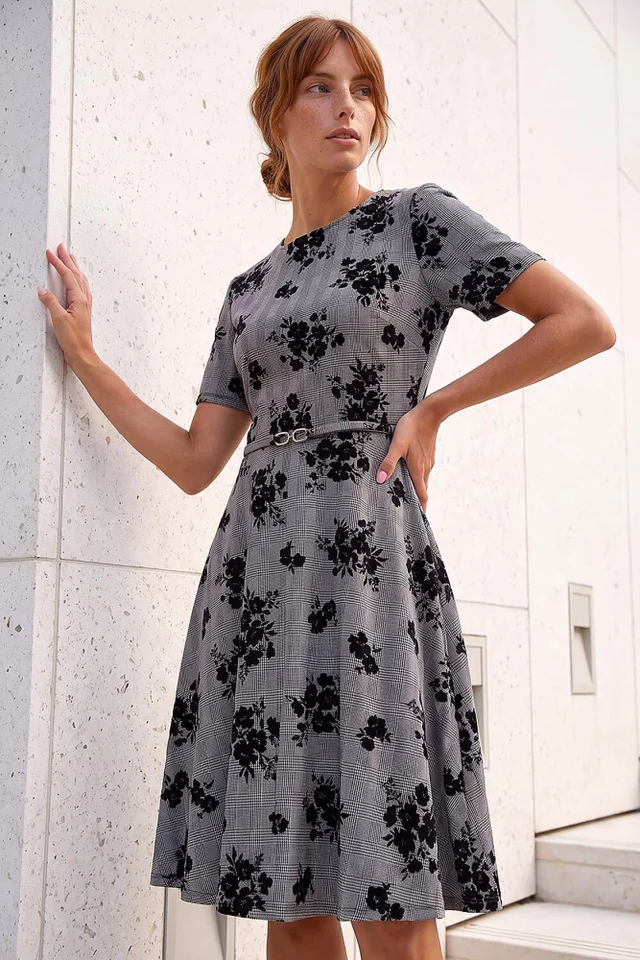 Roman Black Check Floral Flock Dress