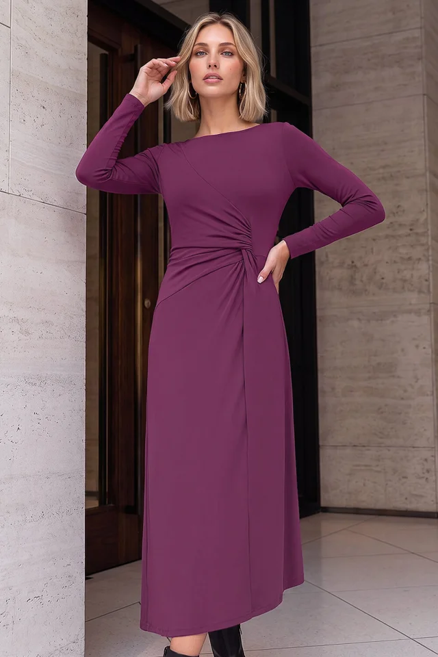 Dusk Purple Gathered Waist Midi Dress