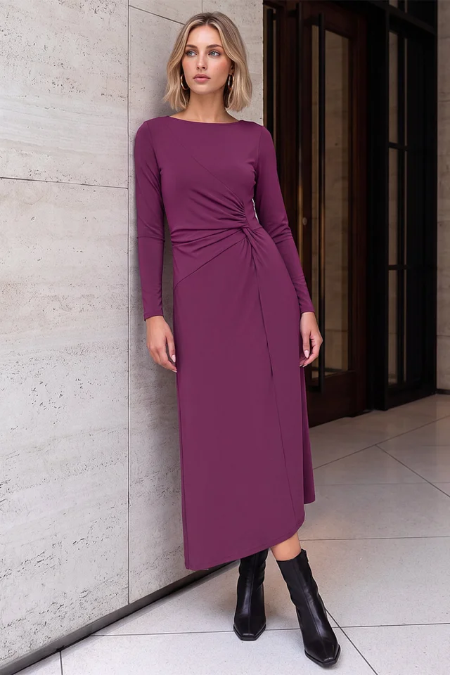 Dusk Purple Gathered Waist Midi Dress