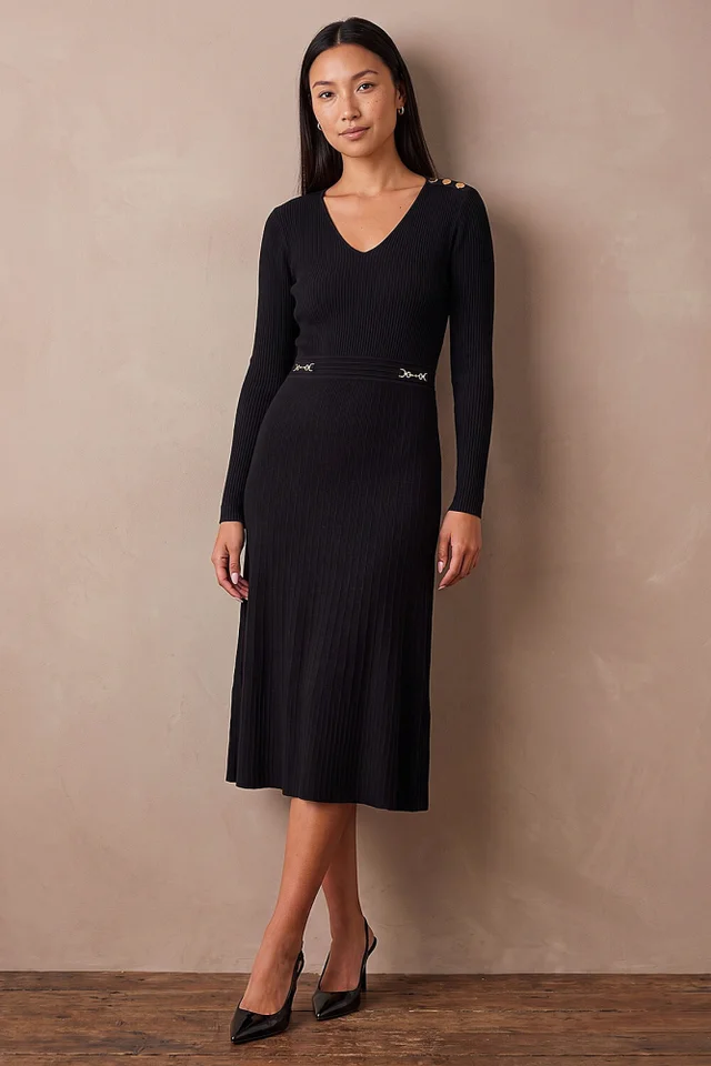 Roman Black V-Neck Trim Detail Dress