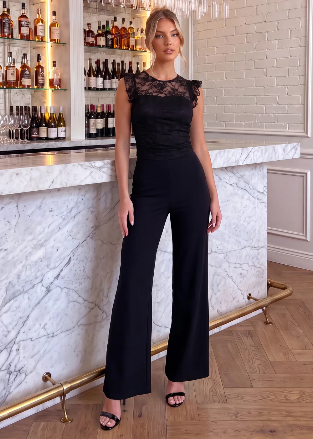AX Paris Black Lace Frill Sleeve Wide Leg Jumpsuit - 8 Image 2