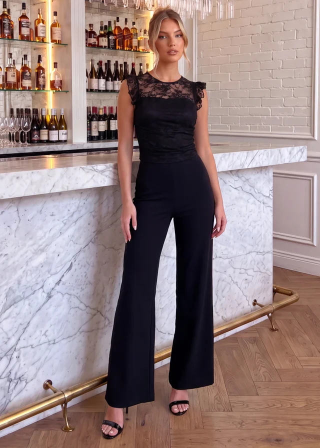 AX Paris Black Lace Frill Sleeve Wide Leg Jumpsuit