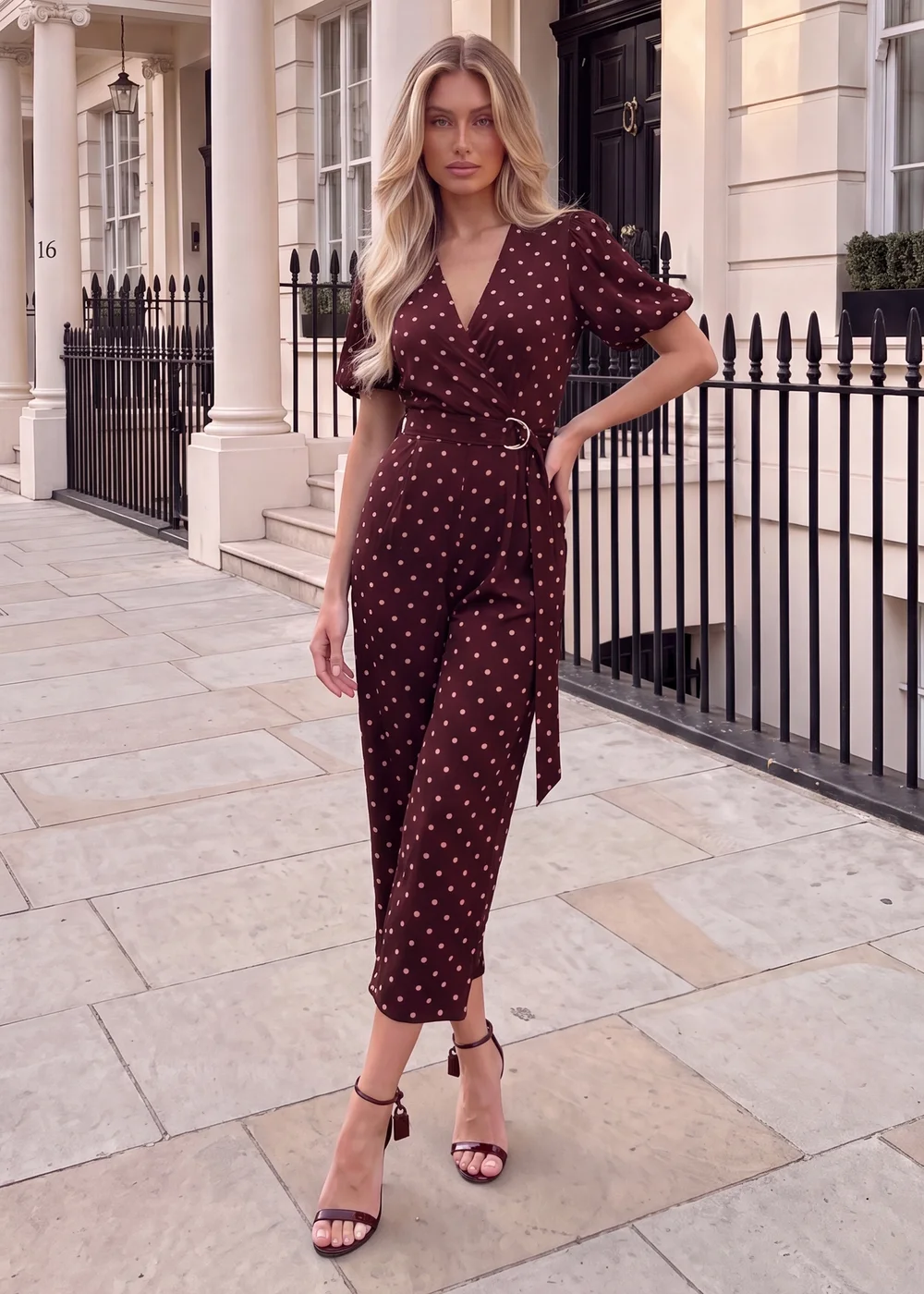 AX Paris Burgundy Polka Dot Belted Wrap Jumpsuit - 16 Image 1