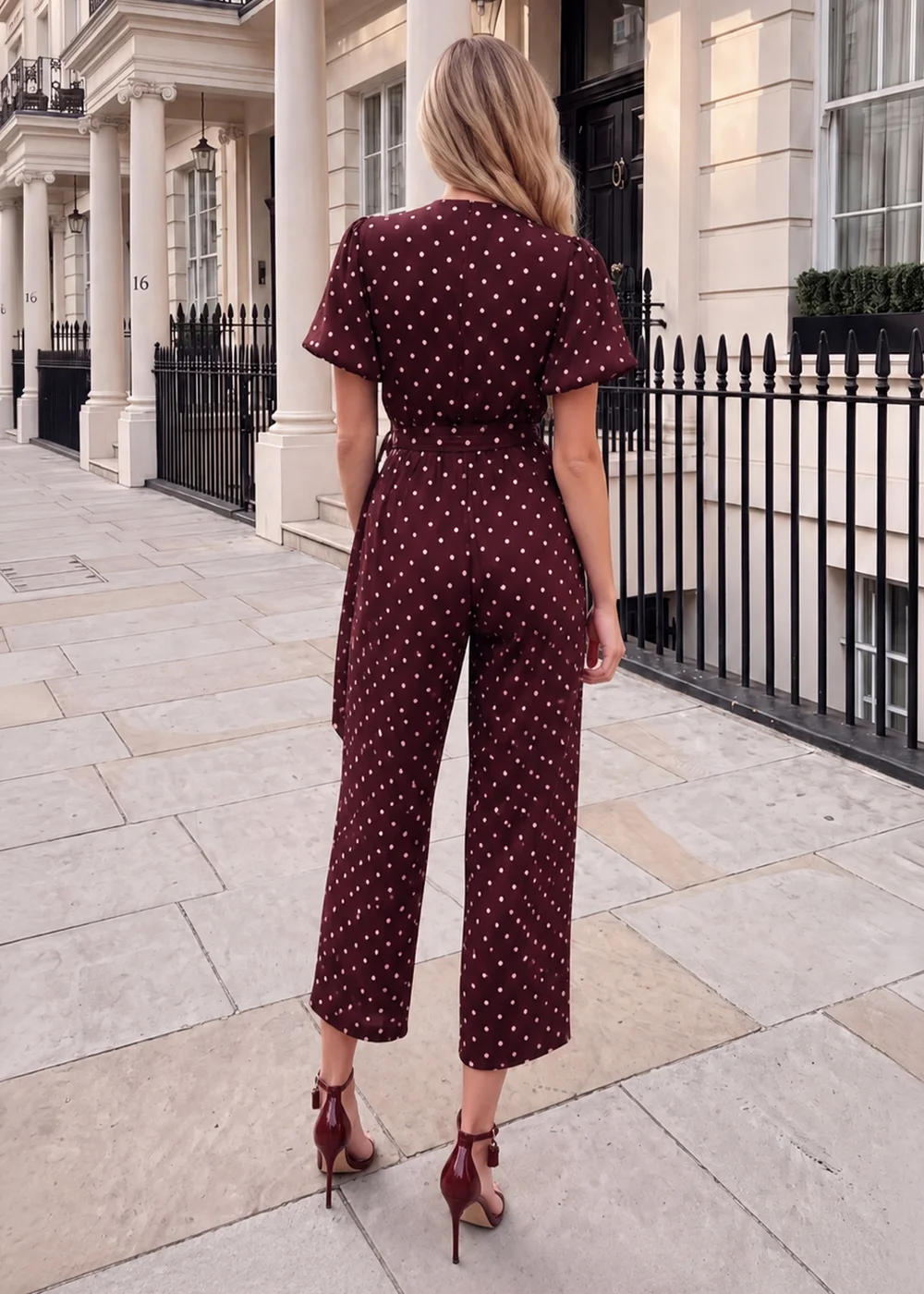 AX Paris Burgundy Polka Dot Belted Wrap Jumpsuit - 16 Image 4