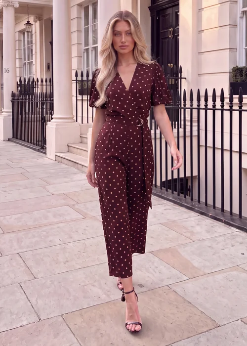 AX Paris Burgundy Polka Dot Belted Wrap Jumpsuit - 16 Image 2