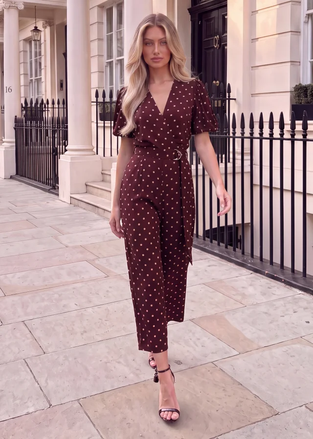 AX Paris Burgundy Polka Dot Belted Wrap Jumpsuit