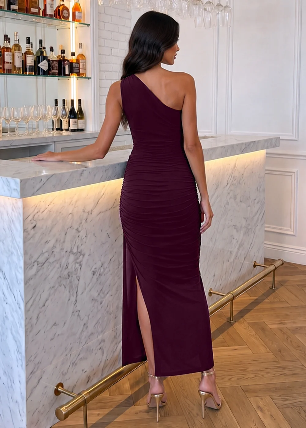 AX Paris Plum One Shoulder Ruched Buckle Detail Midi Dress - 16 Image 4