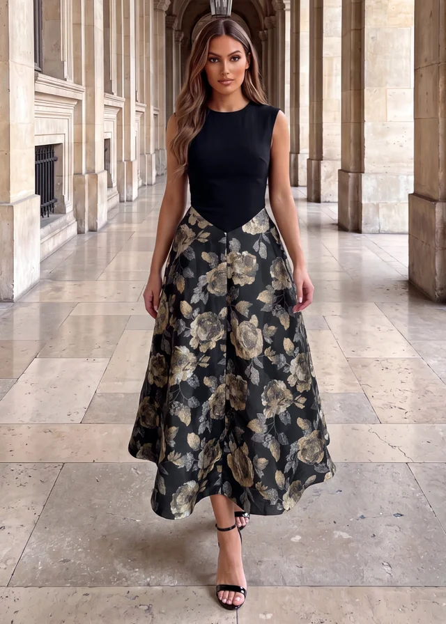 AX Paris Black 2 In 1 Floral Jacquard A-Line Midi Dress