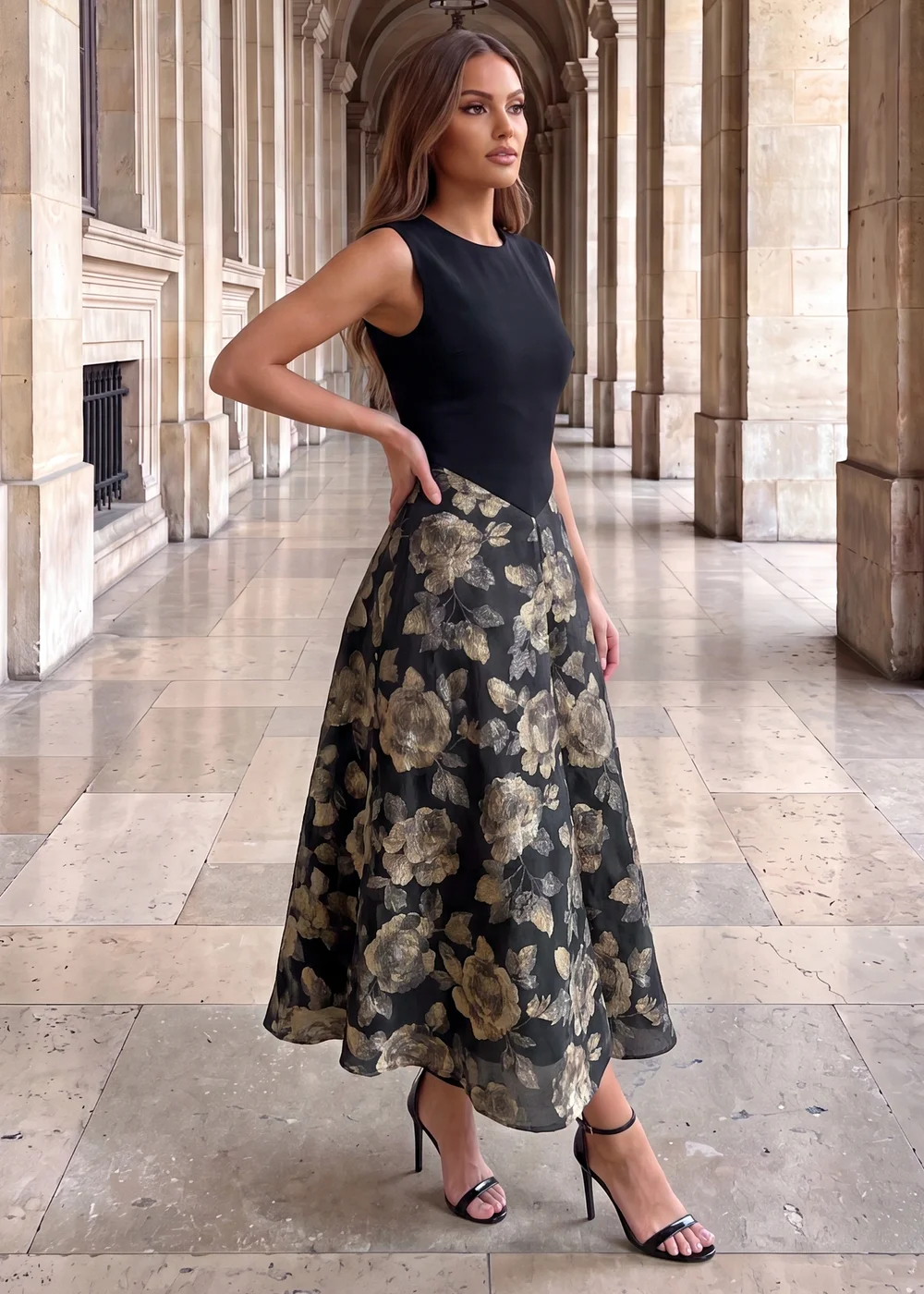 AX Paris Black 2 In 1 Floral Jacquard A-Line Midi Dress - 16 Image 3