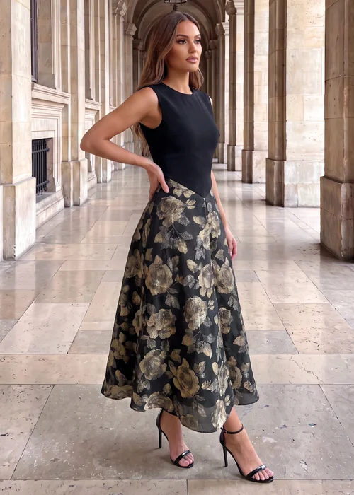 AX Paris Black 2 In 1 Floral Jacquard A-Line Midi Dress - 16 Image 3