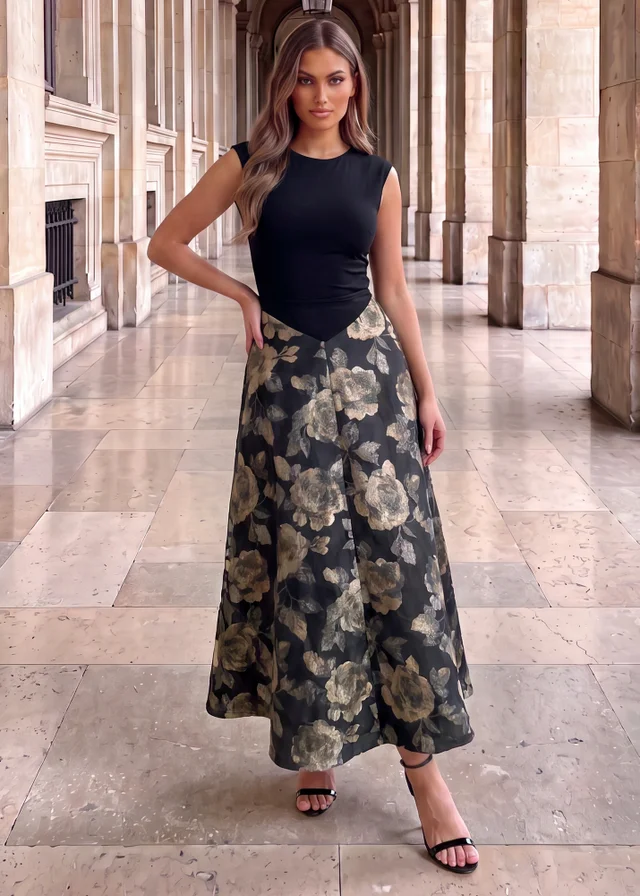 AX Paris Black 2 In 1 Floral Jacquard A-Line Midi Dress