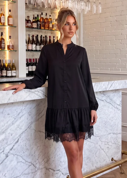 AX Paris Black Lace Hem Smock Shirt Dress - 8 Image 1