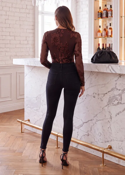 AX Paris Chocolate Floral Embroidered Mesh Long Sleeve Bodysuit - 14 Image 4