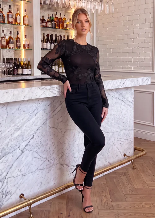 AX Paris Black Floral Embroidered Mesh Long Sleeve Bodysuit - 8 Image 2