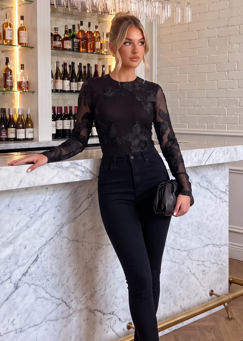 AX Paris Black Floral Embroidered Mesh Long Sleeve Bodysuit - 8 Image 1