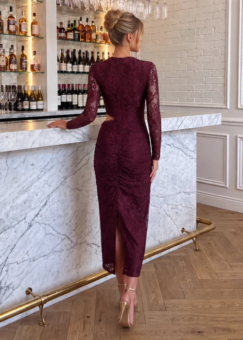 AX Paris Plum Lace Ruched Cut Out Midi Dress - 16 Image 4