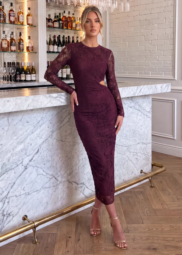 AX Paris Plum Lace Ruched Cut Out Midi Dress
