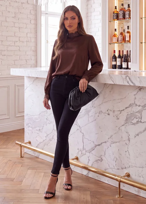 AX Paris Chocolate High Neck Lace Trim Blouse - 14 Image 2