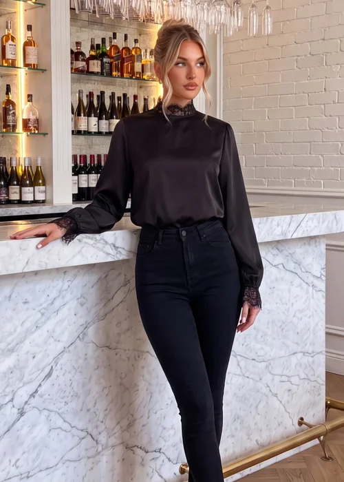 AX Paris Black High Neck Lace Trim Blouse - 10 Image 1