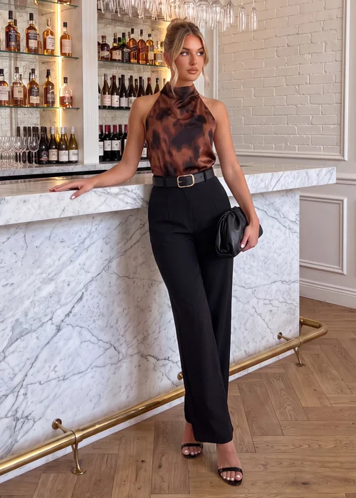 AX Paris Brown 2 In 1 Smudge Print High Neck Jumpsuit - 14 Image 1
