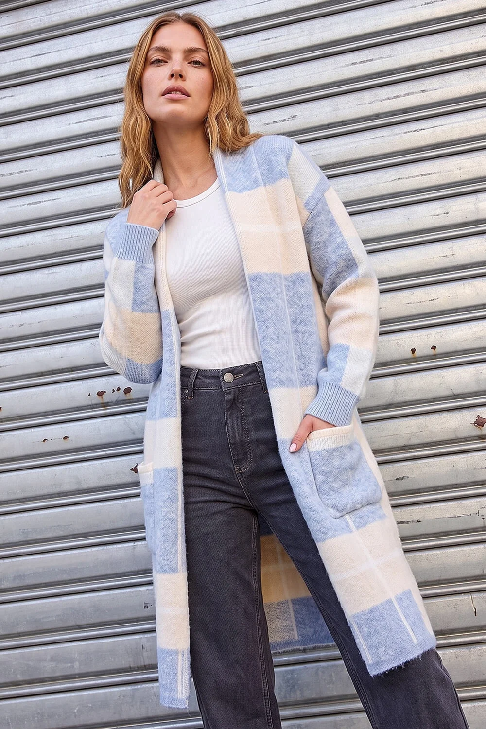 Roman Light Blue Check Longline Pocket Cardigan - L Image 1