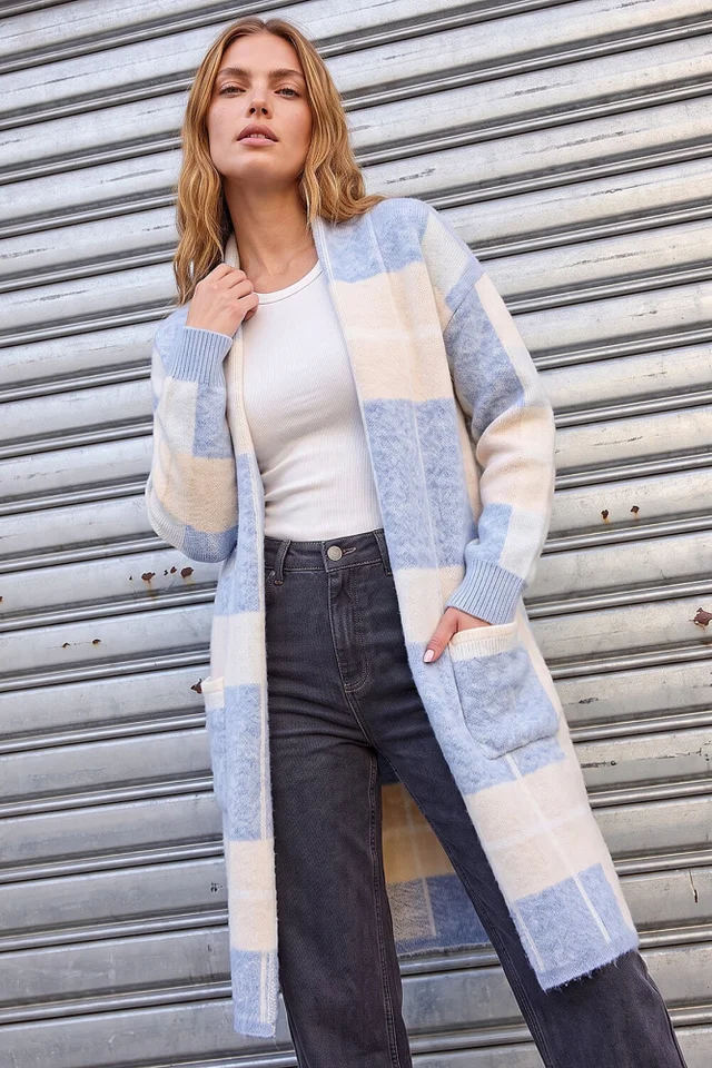 Roman Light Blue Check Longline Pocket Cardigan