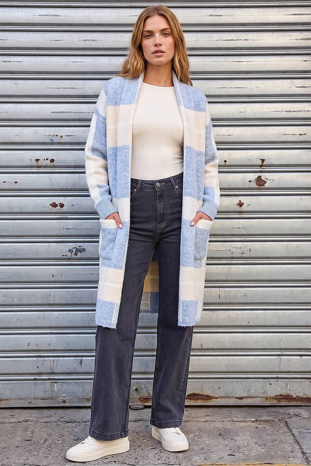 Roman Light Blue Check Longline Pocket Cardigan - L Image 2