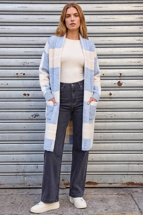 Roman Light Blue Check Longline Pocket Cardigan - L Image 2