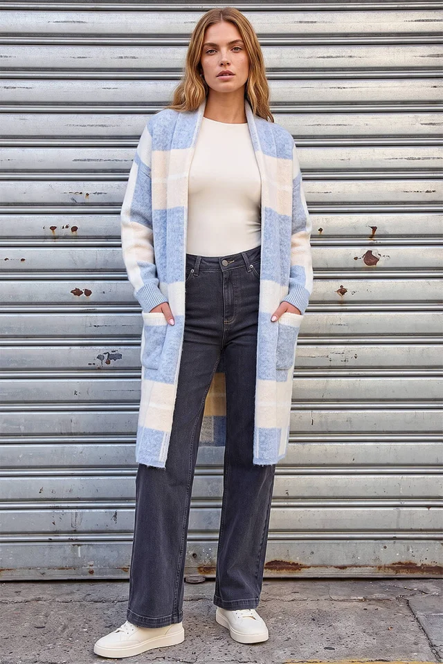 Roman Light Blue Check Longline Pocket Cardigan
