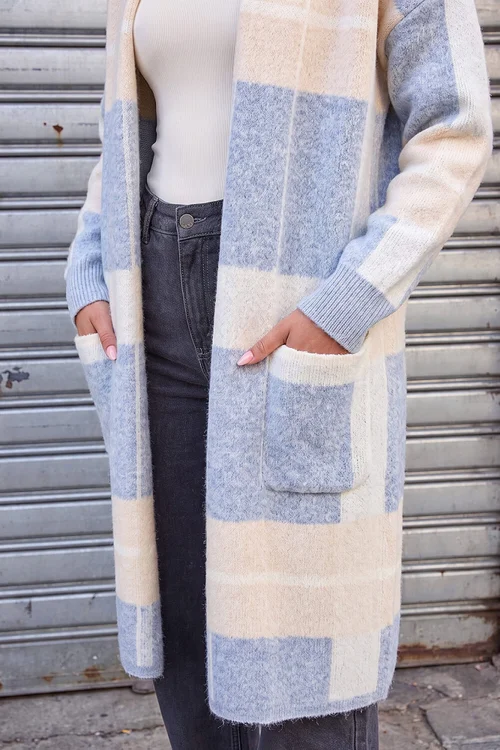 Roman Light Blue Check Longline Pocket Cardigan - L Image 4