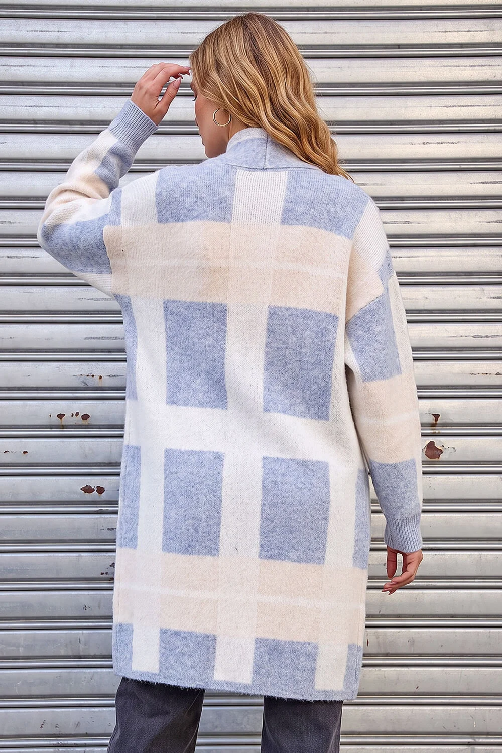 Roman Light Blue Check Longline Pocket Cardigan - L Image 3