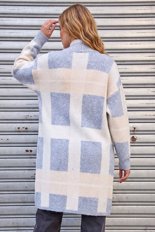 Roman Light Blue Check Longline Pocket Cardigan - L Image 3