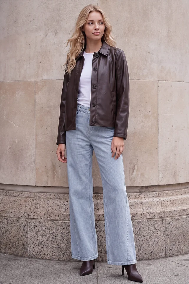 Roman Chocolate Petite Faux Leather Button Jacket