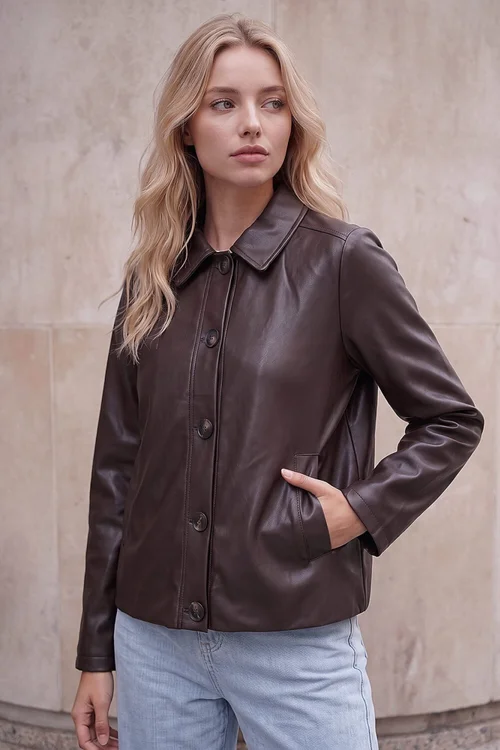 Roman Chocolate Petite Faux Leather Button Jacket - 18 Image 1