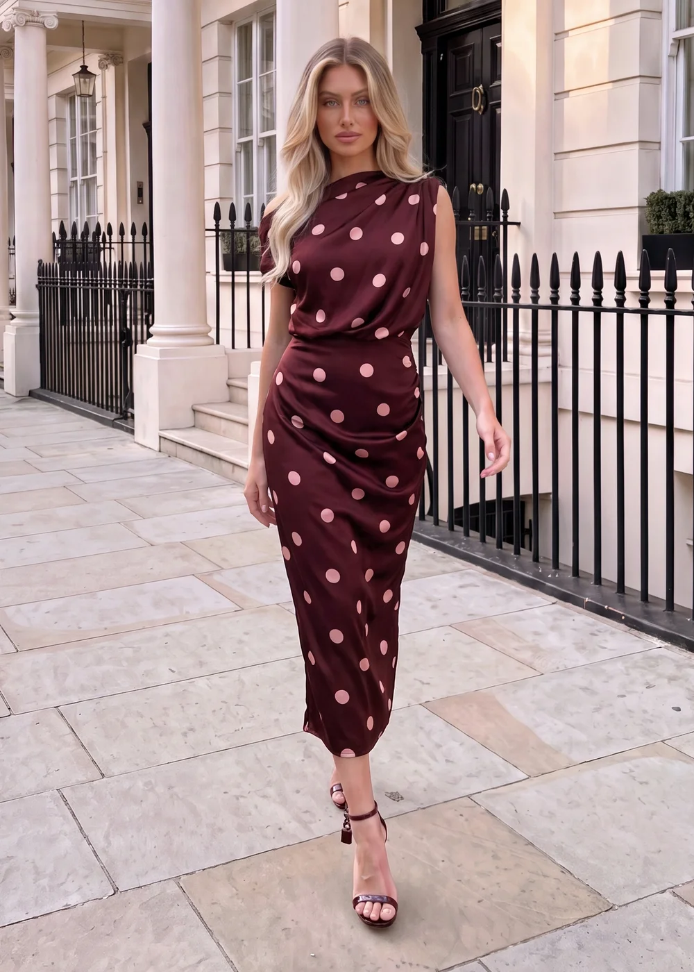 AX Paris Plum Polka Dot Off The Shoulder Draped Midi Dress - 8 Image 2