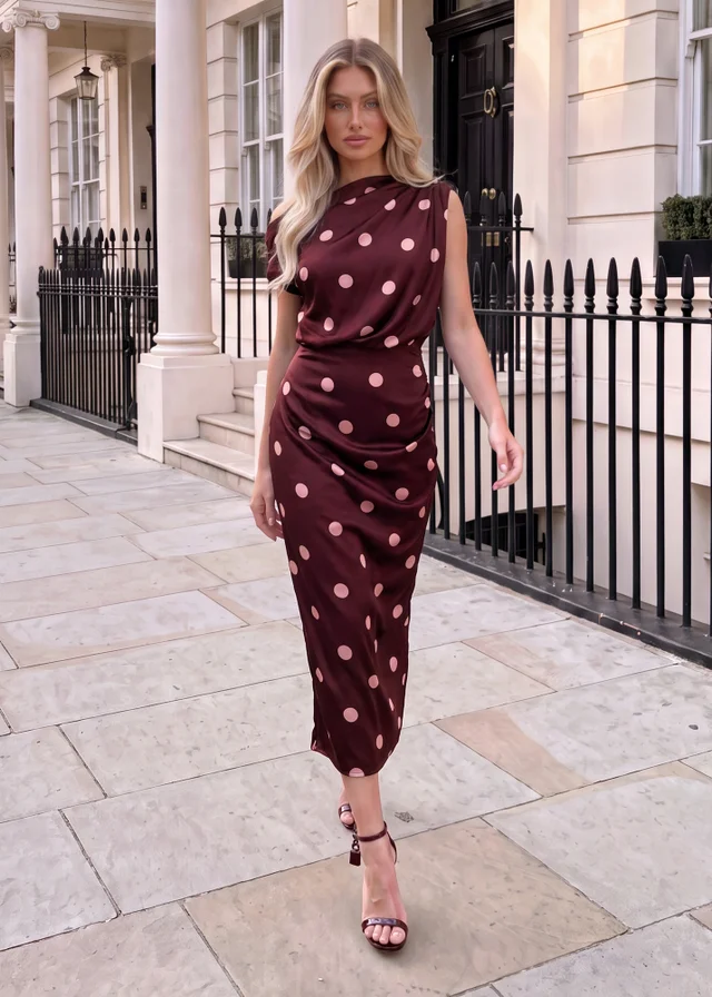 AX Paris Plum Polka Dot Off The Shoulder Draped Midi Dress