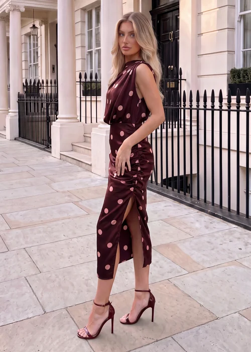 AX Paris Plum Polka Dot Off The Shoulder Draped Midi Dress - 8 Image 3