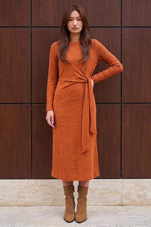 Roman Orange Textured Tie Side Midi Dress - 16 Image 2