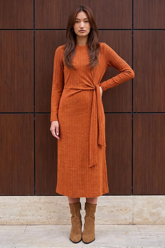 Roman Orange Textured Tie Side Midi Dress