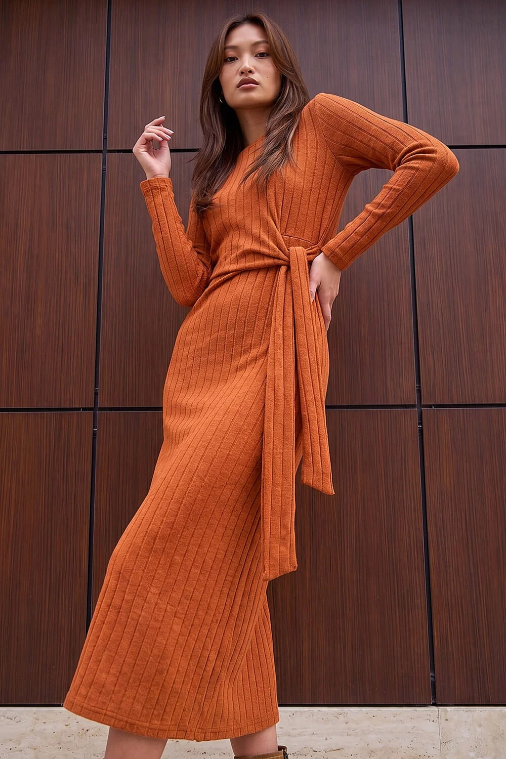 Roman Orange Textured Tie Side Midi Dress - 16 Image 1