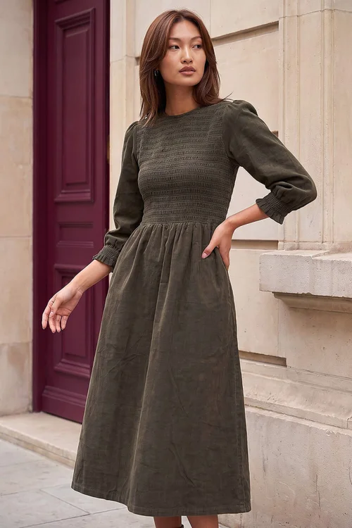 Roman Khaki Corduroy Shirred Midi Dress - 20 Image 1