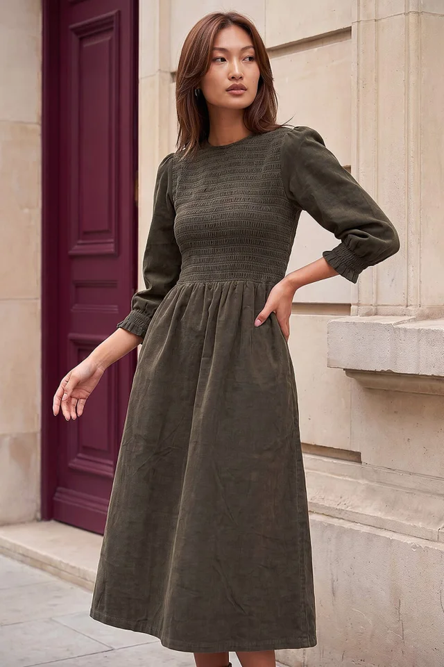 Roman Khaki Corduroy Shirred Midi Dress