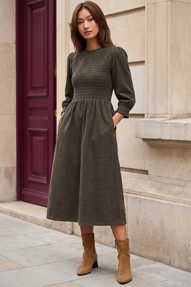 Roman Khaki Corduroy Shirred Midi Dress