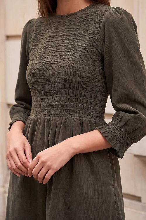 Roman Khaki Corduroy Shirred Midi Dress - 20 Image 4