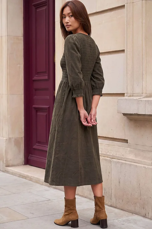 Roman Khaki Corduroy Shirred Midi Dress - 20 Image 3
