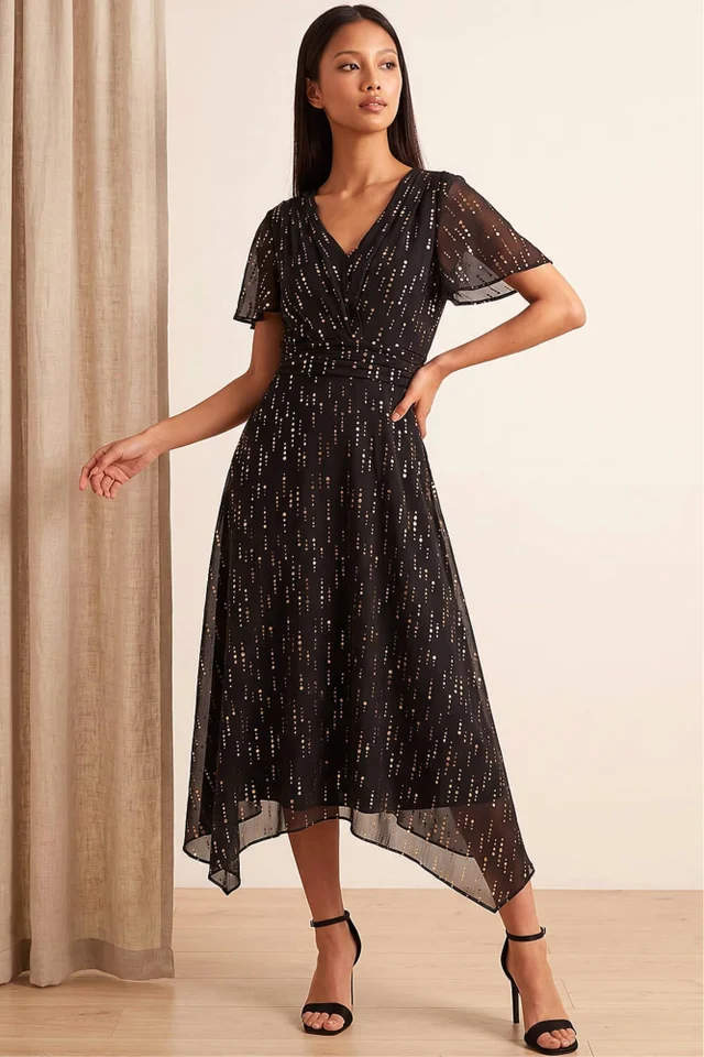 Roman Black Petite Foil Printed Dress